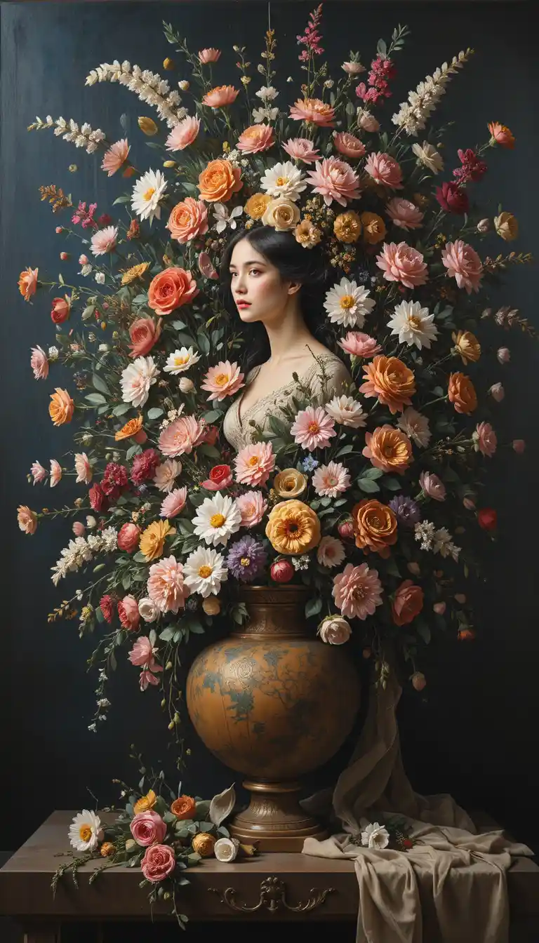 Contemplative woman beside explosive floral museum painting