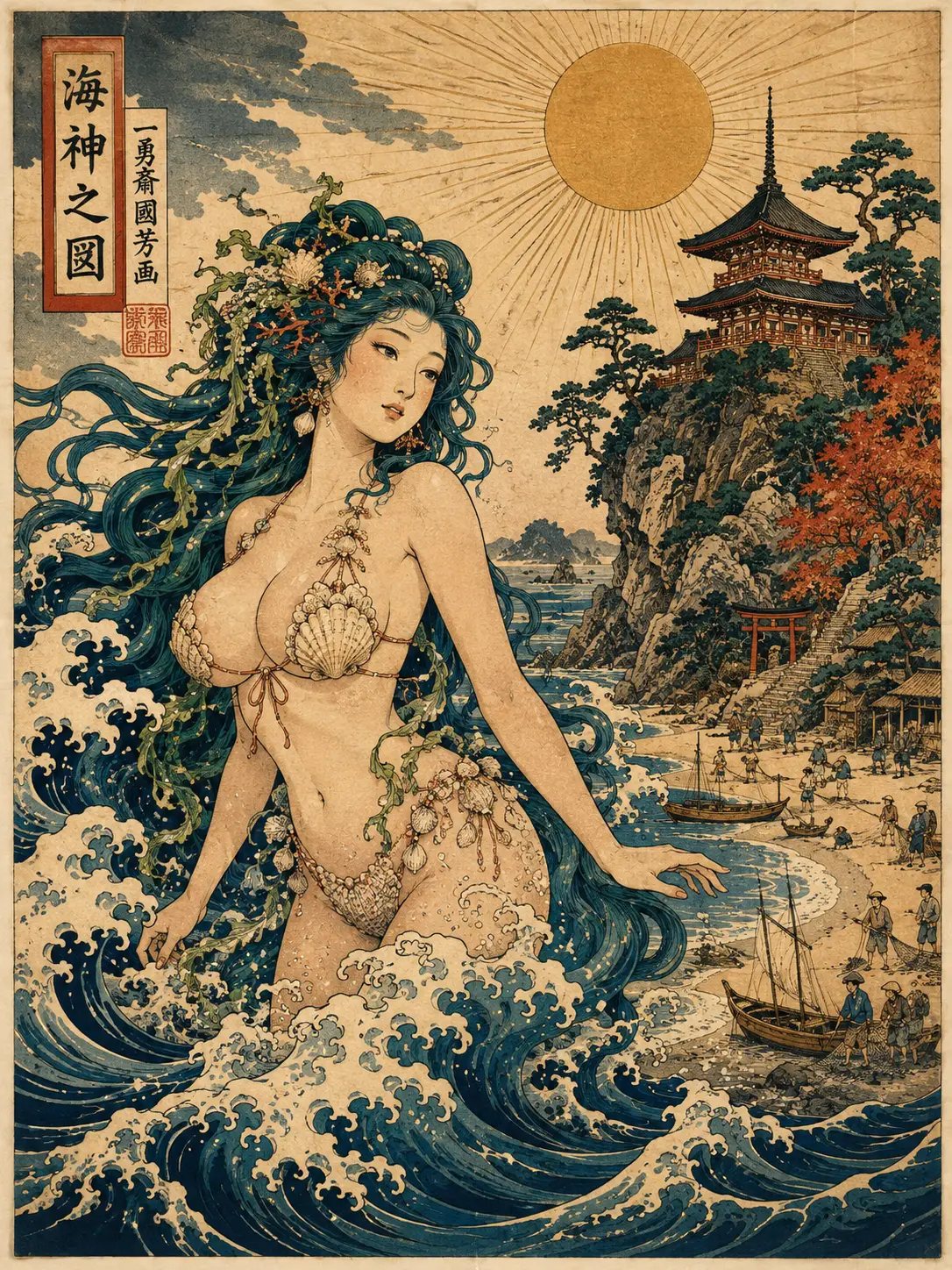 Water goddess rising from turbulent ukiyo e ocean waves