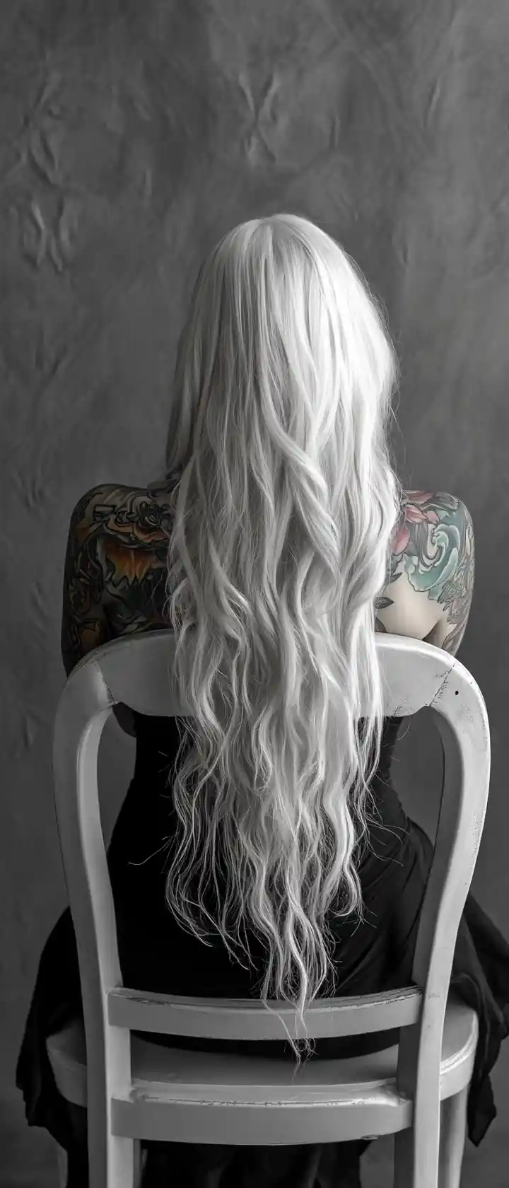 Mujer inclinada hacia adelante en una silla blanca con tatuaje