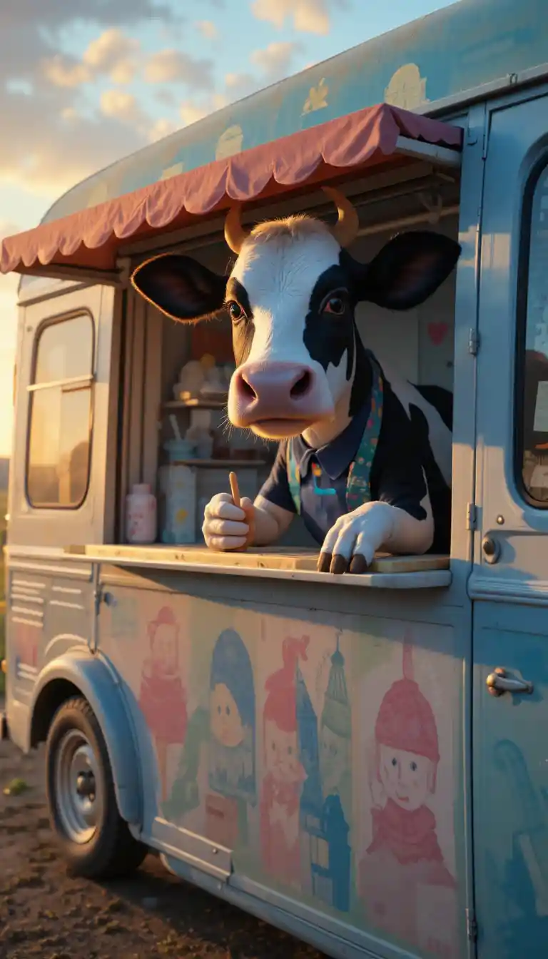 Vaca lechera amigable sirve helado desde una furgoneta al atardecer