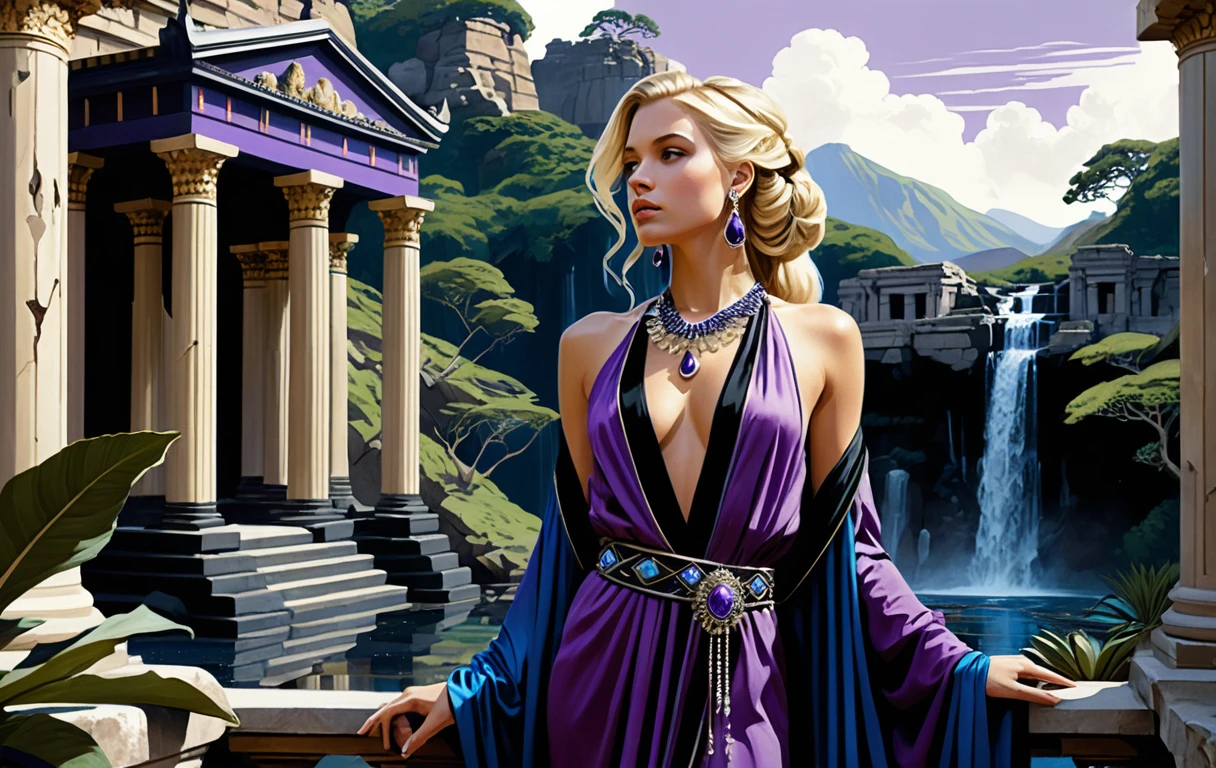 Blonde Fantasy-Frau im himmlischen Gewand zwischen antiken Ruinen