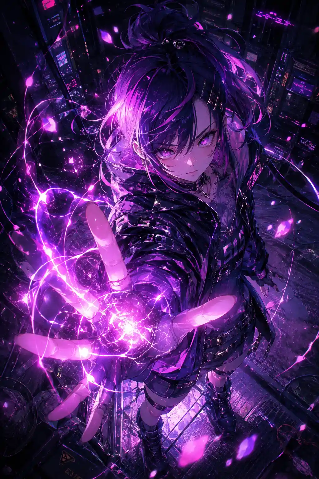 Mulher de anime cyberpunk canalizando energia neon do alto