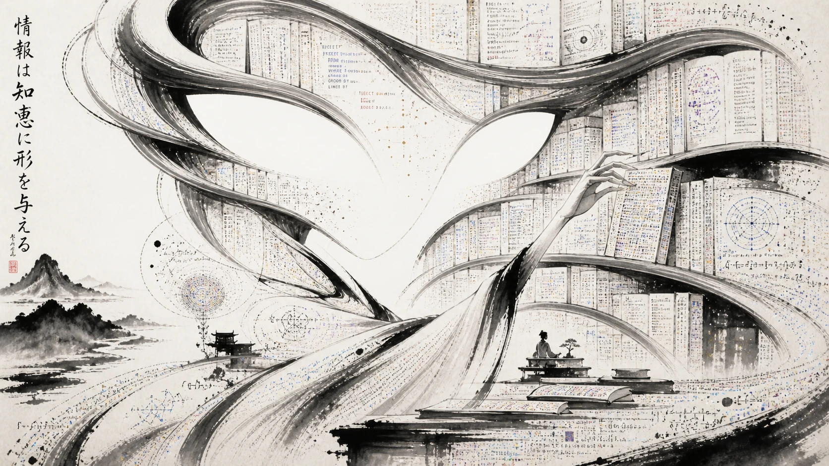Bibliotecario surreal tejido con trazos caligráficos y espacios vacíos