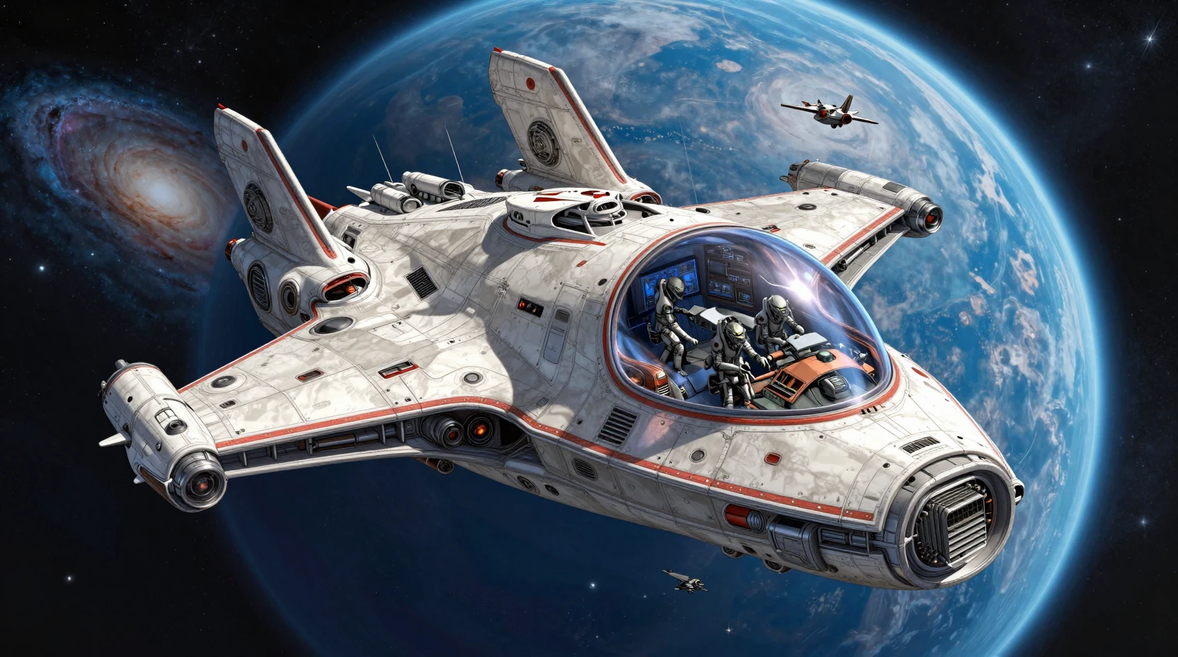 Alien cruiser gliding past a vast blue planet