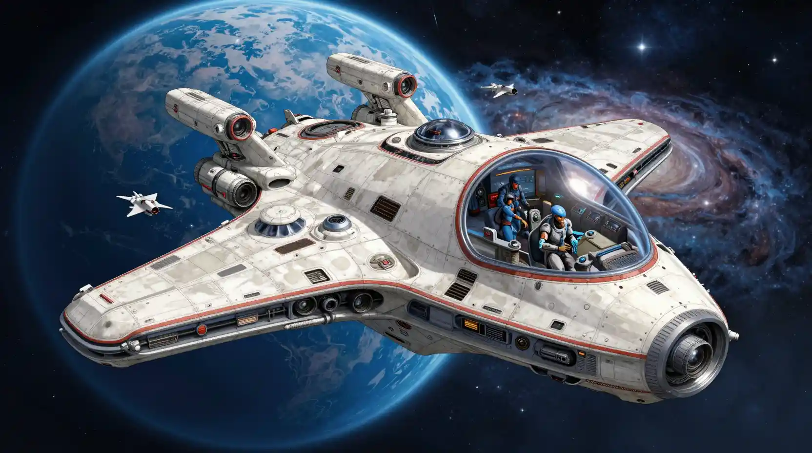Alien cruiser passing a blue planet in deep space
