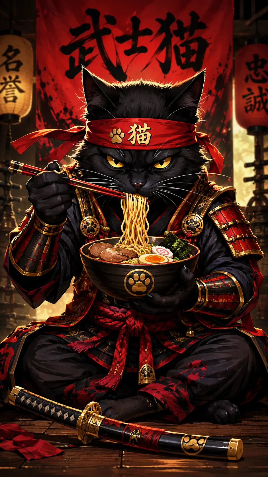 Samurai-Katze isst Nudeln mit Essstäbchen im kühnen Fantasy-Stil