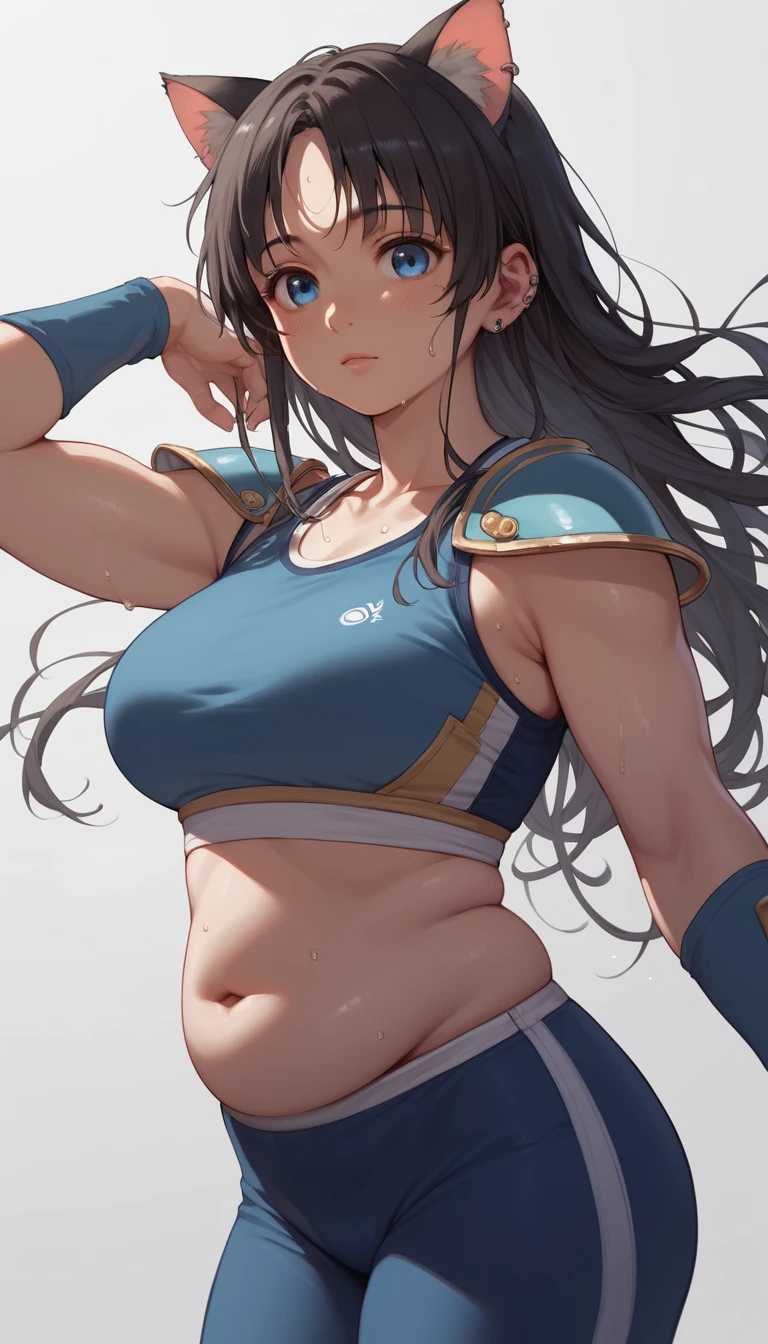 Chica gato de anime sudada con ropa deportiva en primer plano