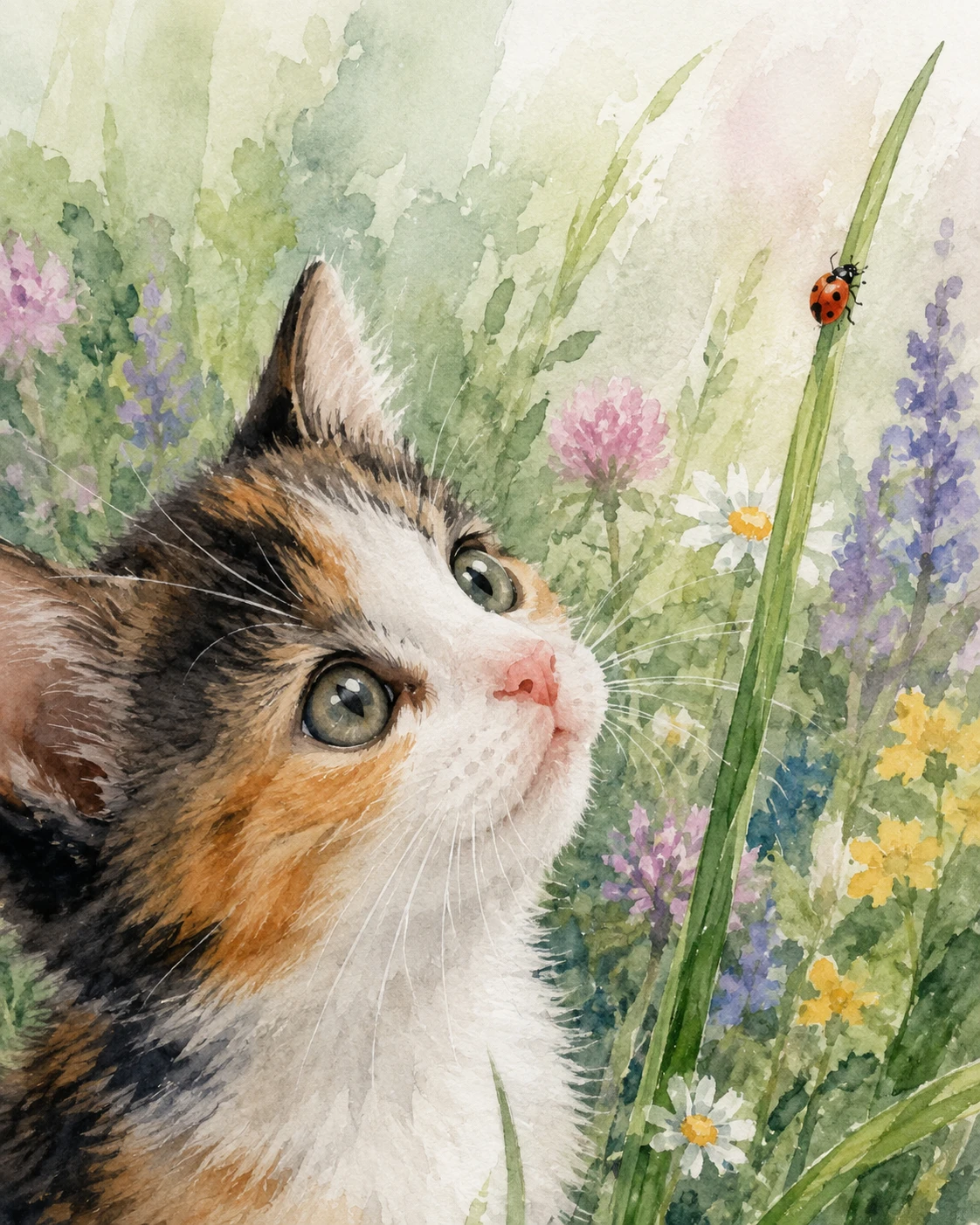 Gatito en acuarela mirando a una mariquita subir por una alta hoja de hierba