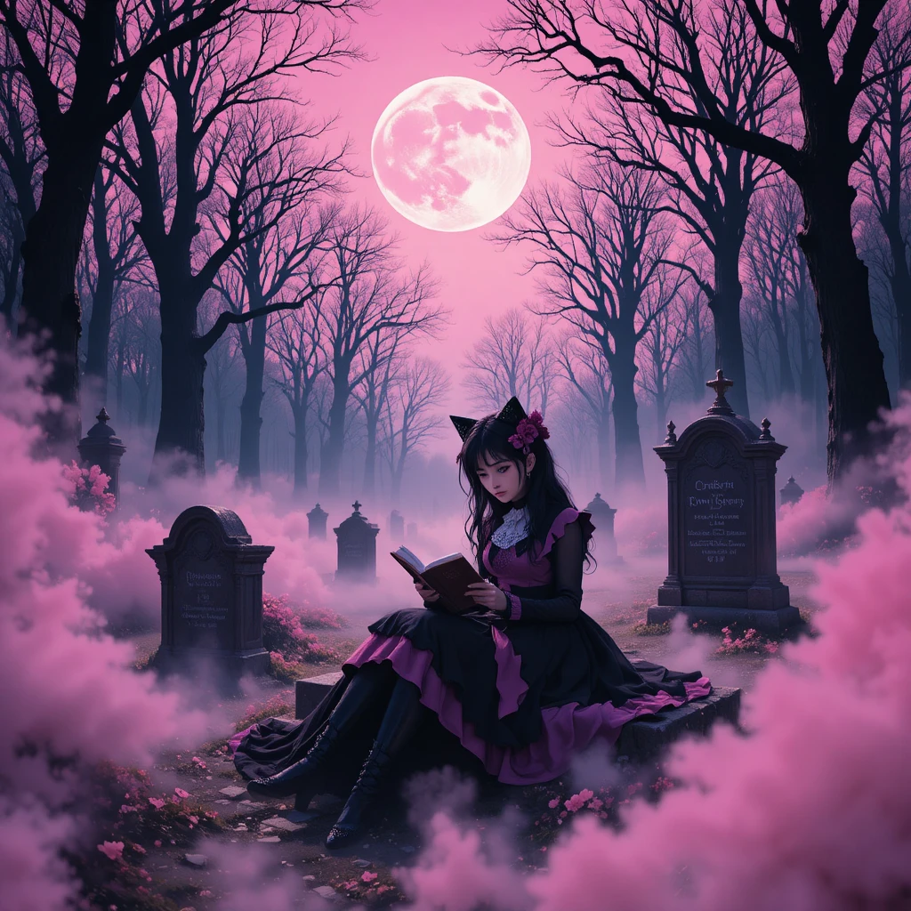Chica anime gótica leyendo sola en un cementerio neblinoso
