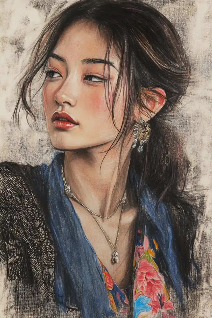 Close up ink portrait of a young woman on textured paper