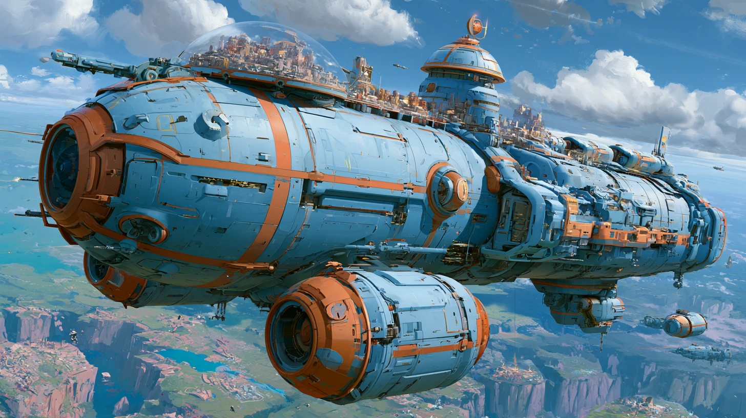 Gigantic cargo spaceship city approaching a verdant planet