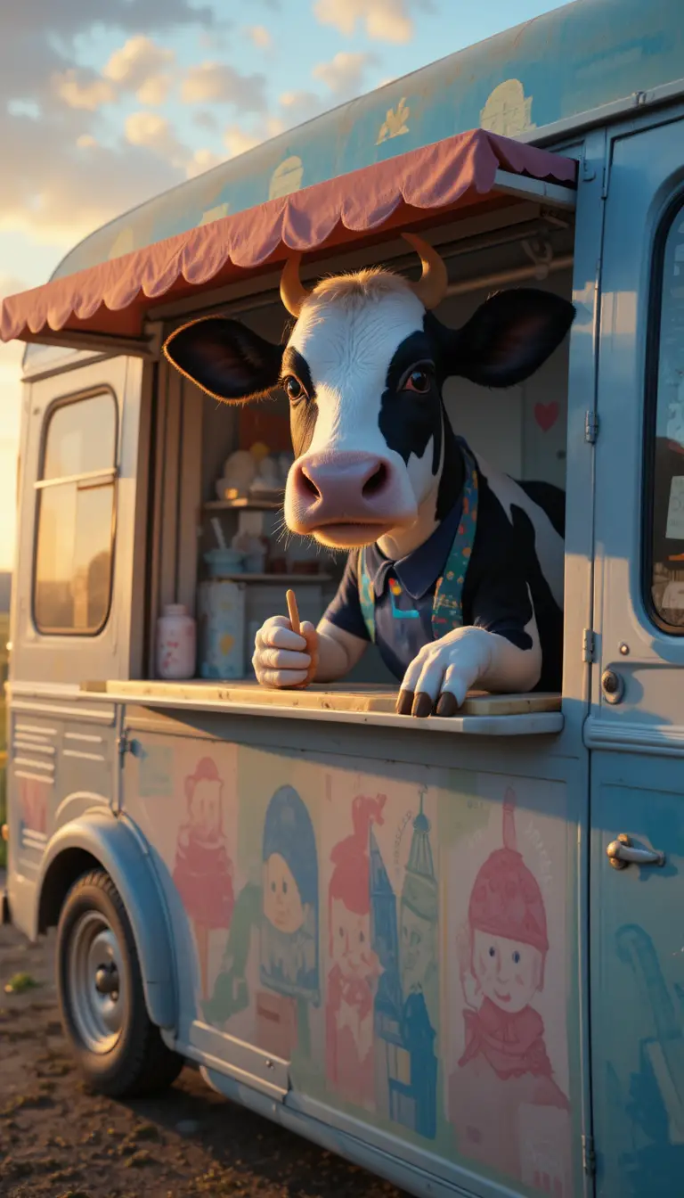 Vaca lechera amigable sirve helado desde una furgoneta al atardecer