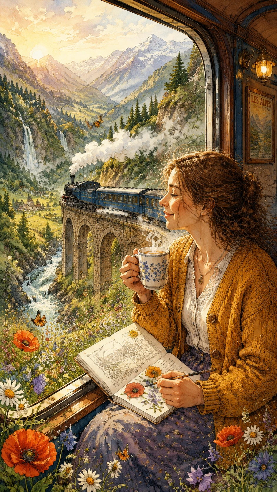 Chica en acuarela en tren dibujando en un valle montañoso bañado por el sol