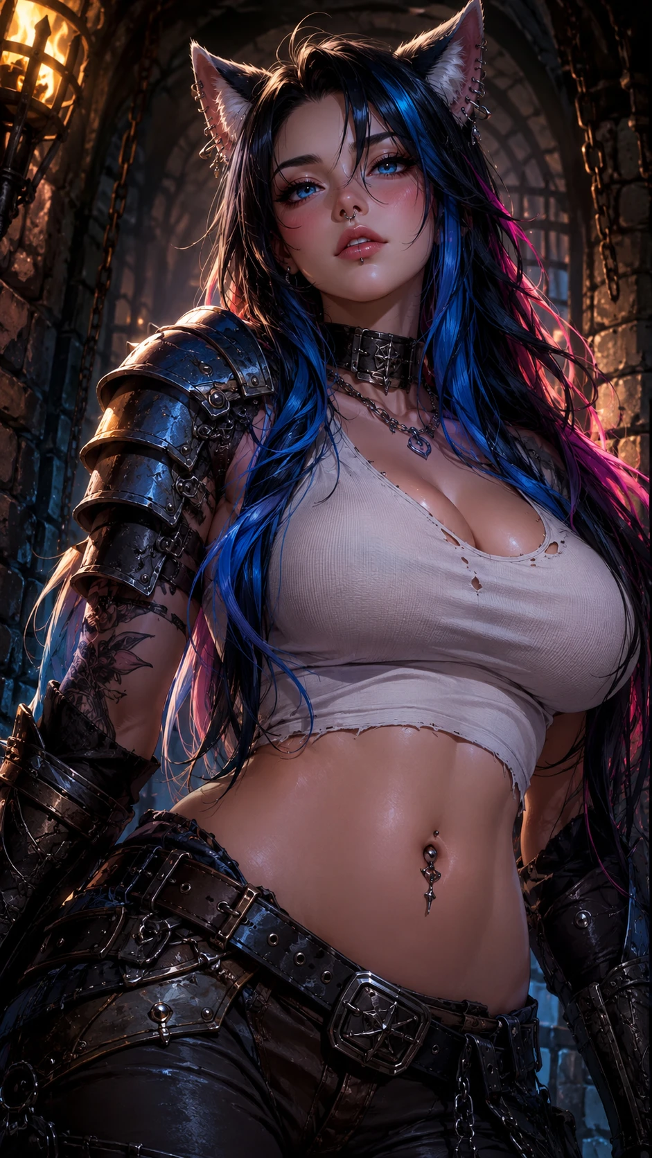 Chica anime con orejas de gato en primer plano en una mazmorra oscura