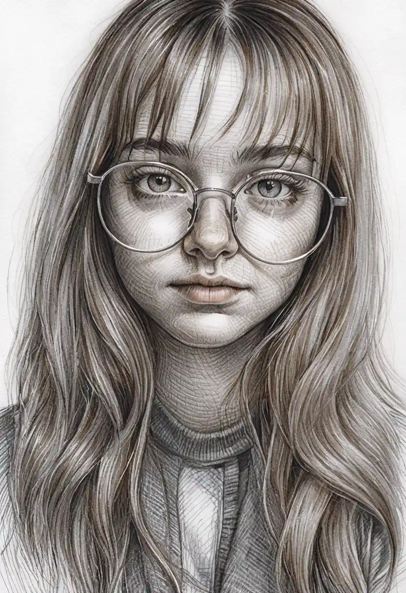 Retrato a lápiz de una mujer joven con gafas redondas