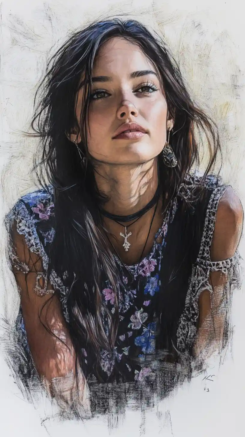 Ink portrait of a young woman with floral mesh top
