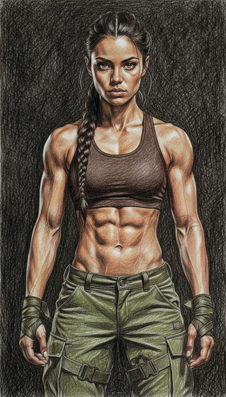 Retrato de chica atlética en dibujo detallado a lápiz con trama cruzada