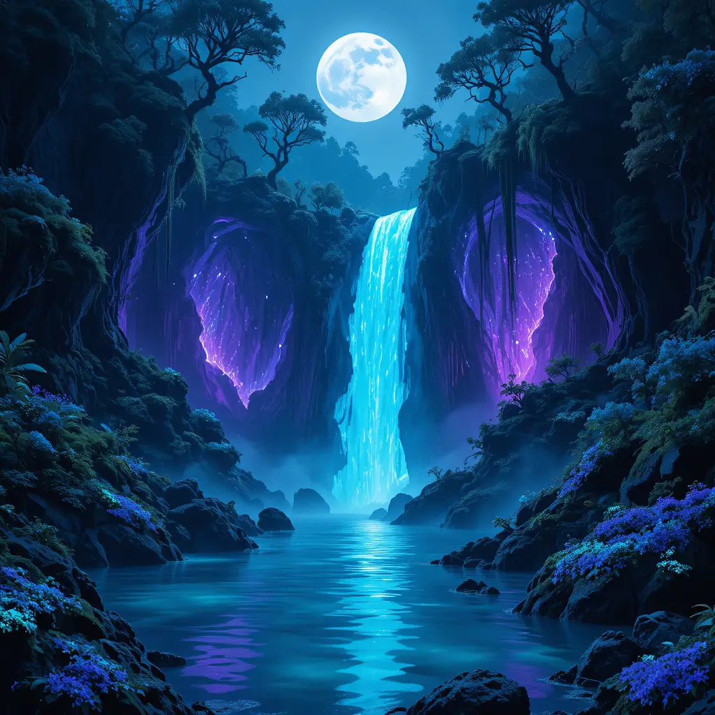 Cascada Bioluminiscente en un Bosque Encantado a Medianoche