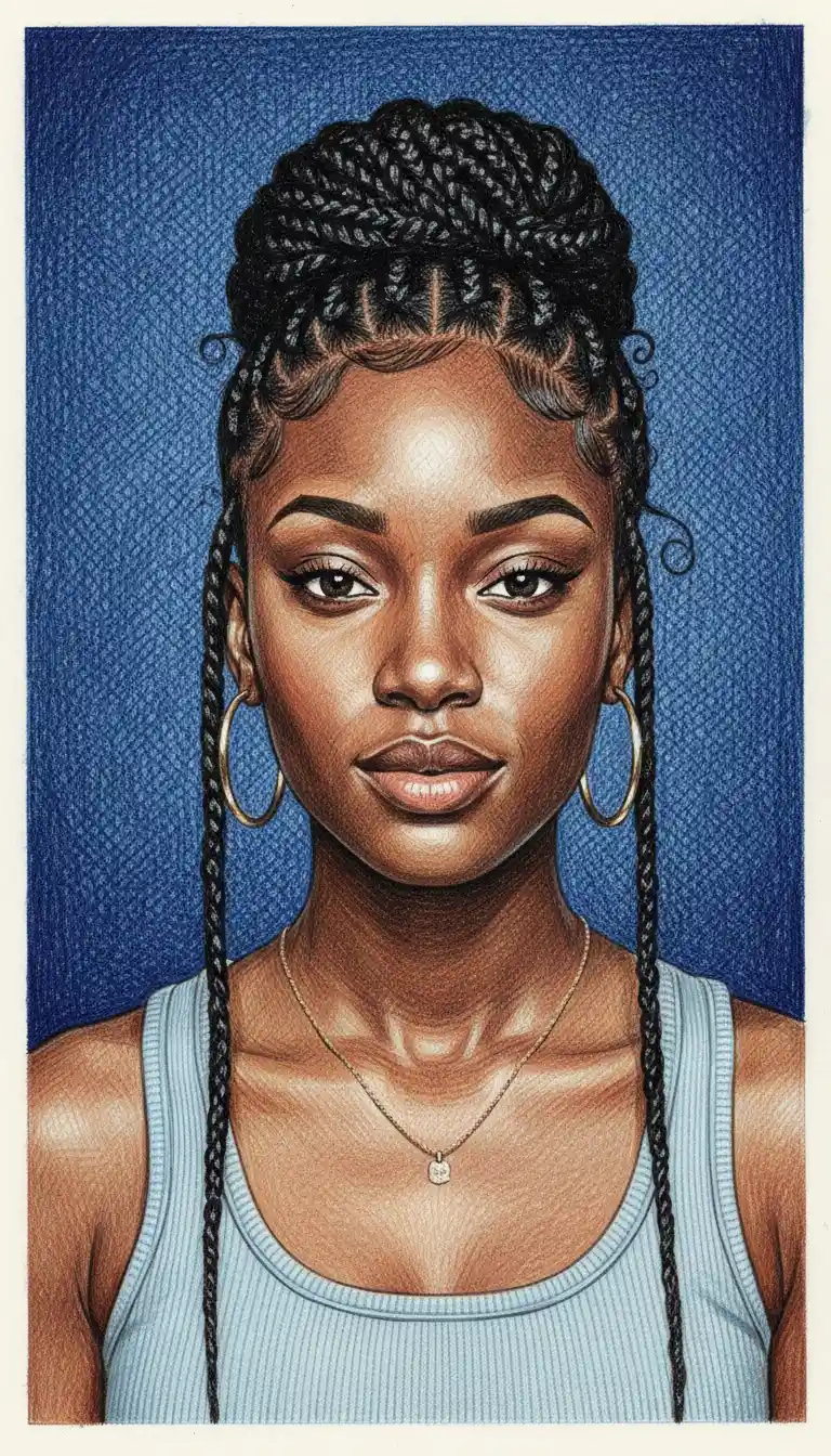 Braided Black girl portrait in blue pencil illustration