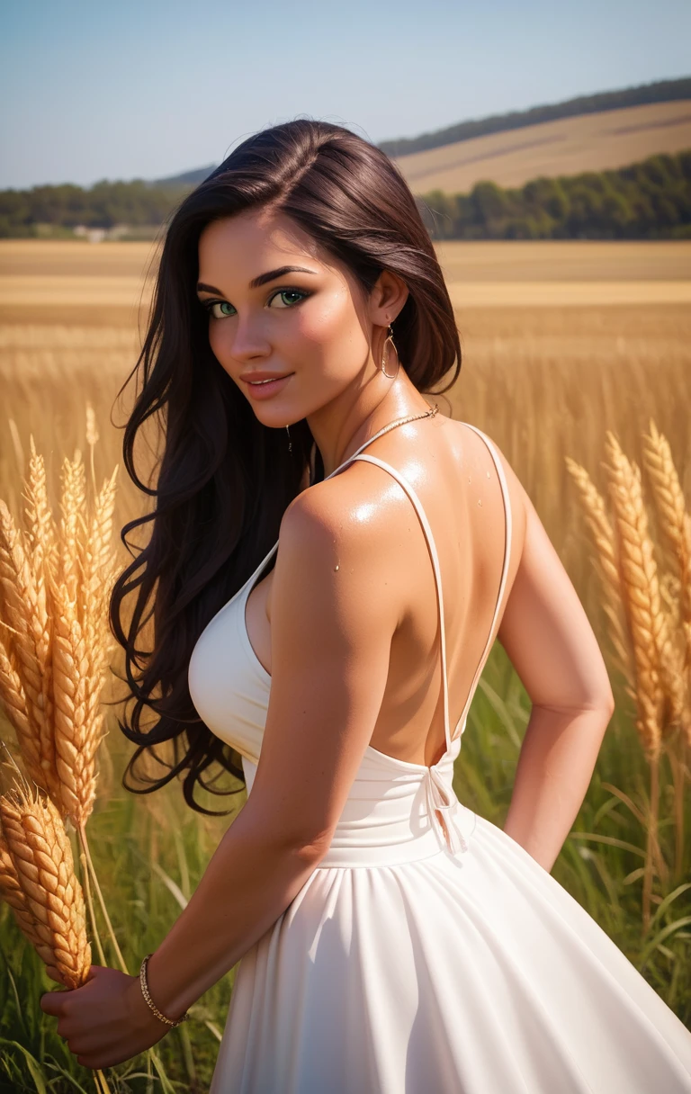 Oiled brunette woman in white sundress in wheat field