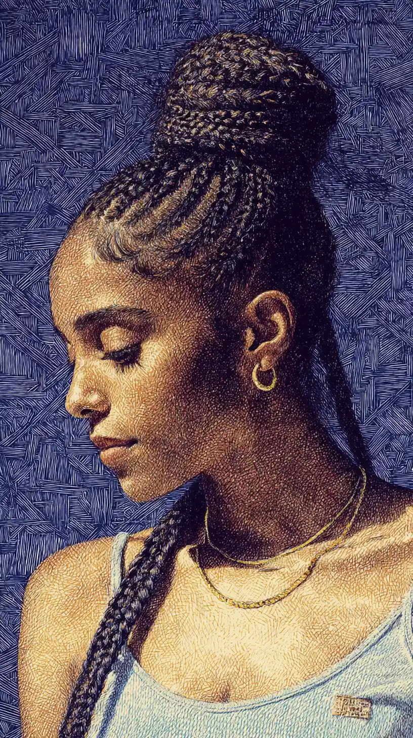 Colored pencil portrait of a young Black woman with braids
