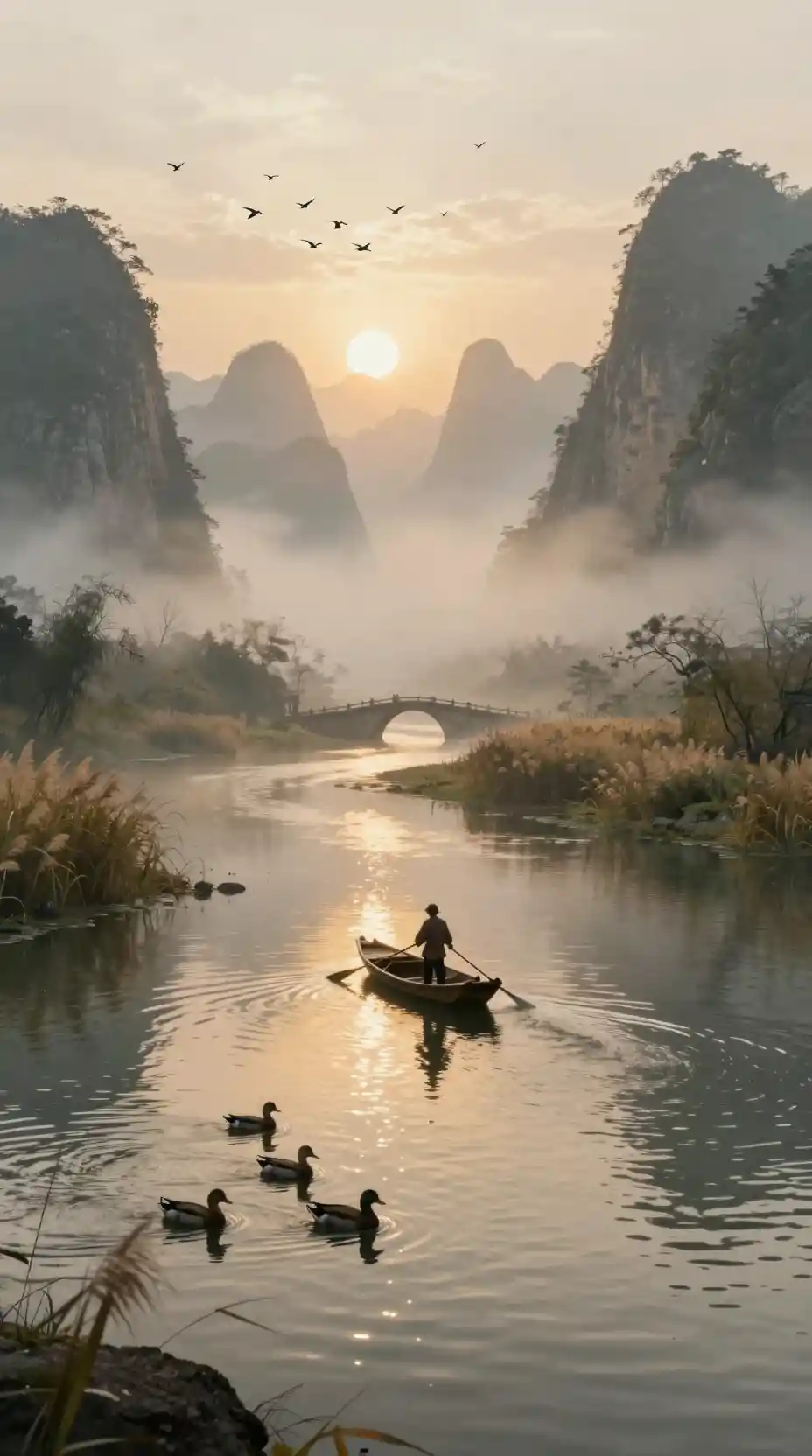 Pescador al amanecer en río montañoso chino cubierto de niebla
