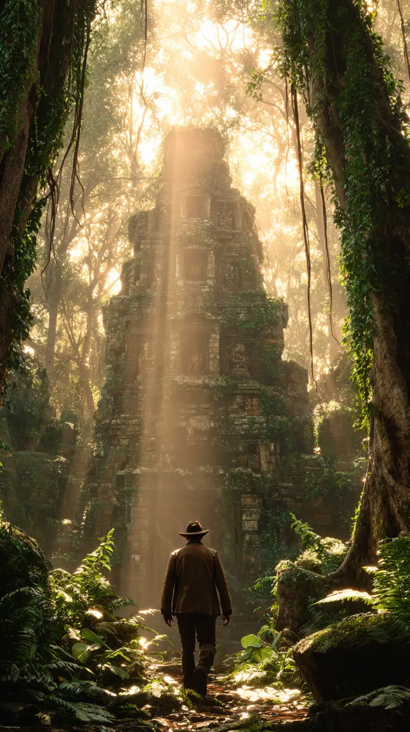 Aventurero en la Entrada de un Antiguo Templo en la Jungla