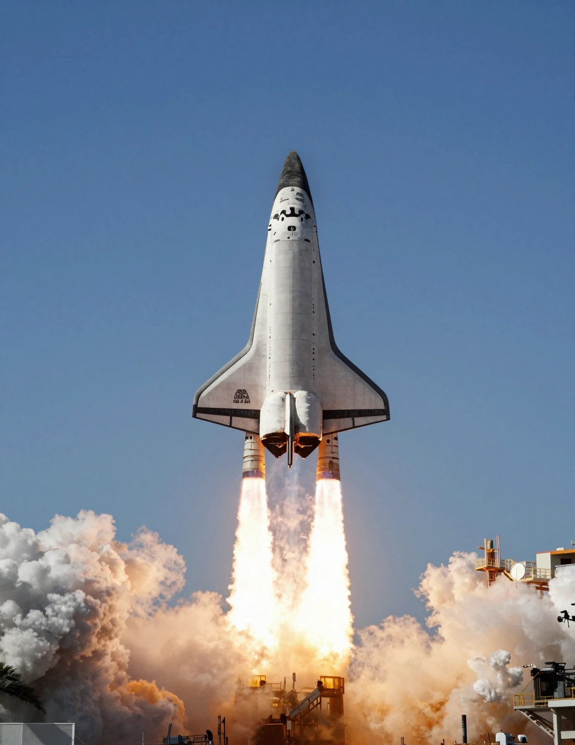Space shuttle launch over Cape Canaveral with blazing exhaust
