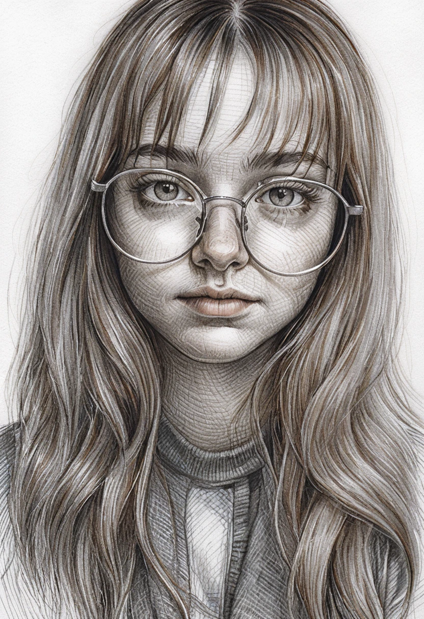 Retrato a lápiz de una mujer joven con gafas redondas