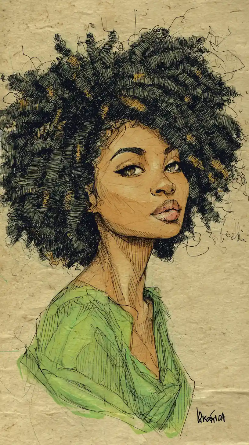 Serene close up portrait of a black woman with afro hair