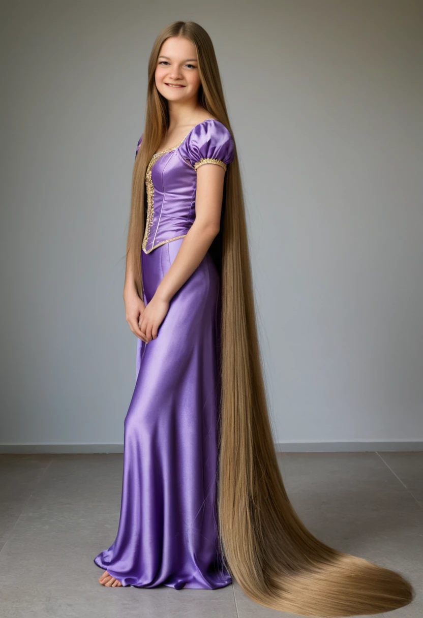 Teen girl with floor length straight hair in side profile