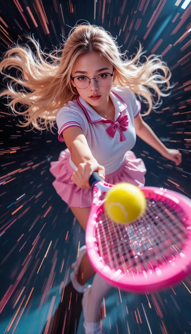 Chica de tenis anime golpeando una bola brillante en movimiento
