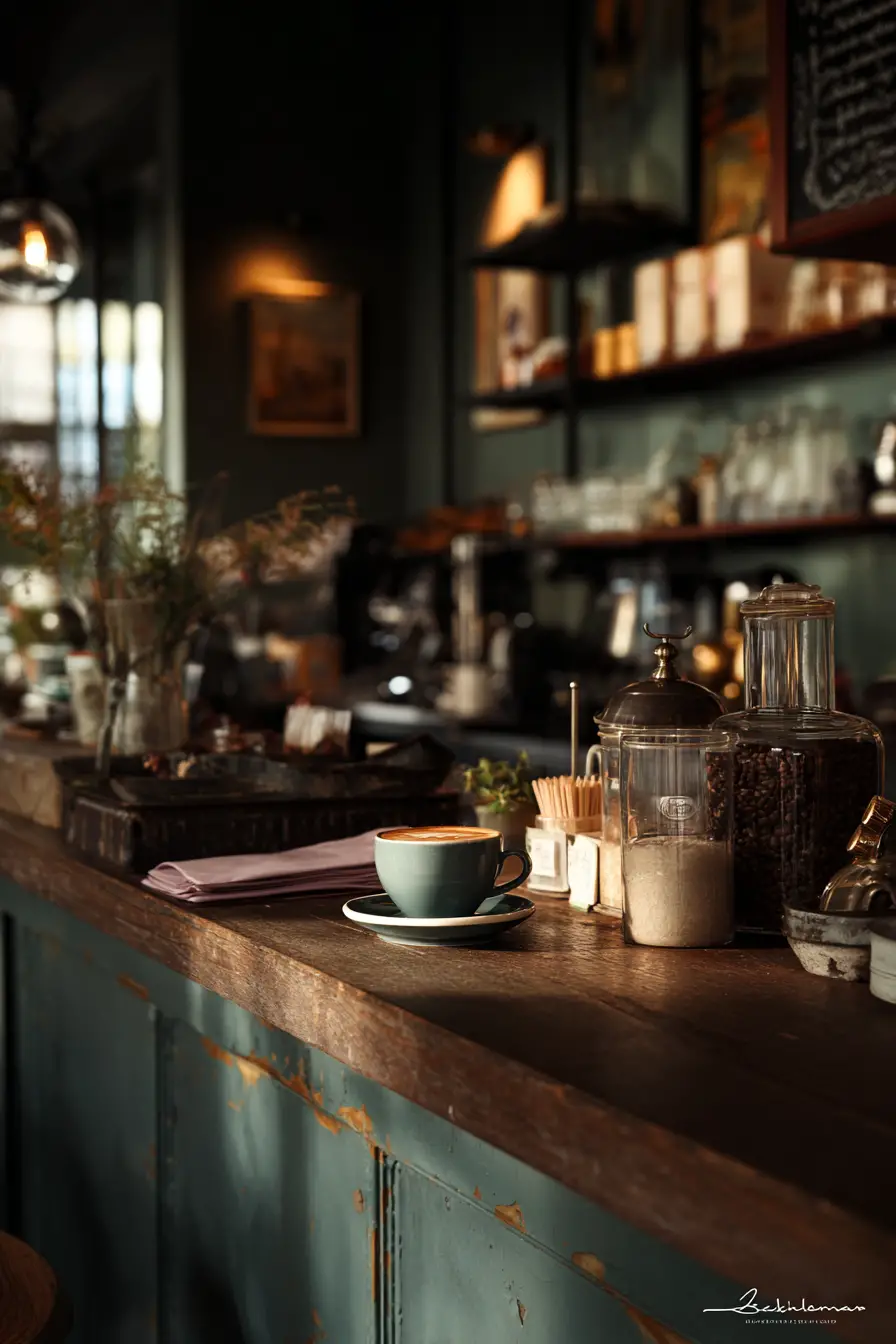 暖かなゴールデンアワーの光に包まれた居心地のよいヴィンテージカフェの店内