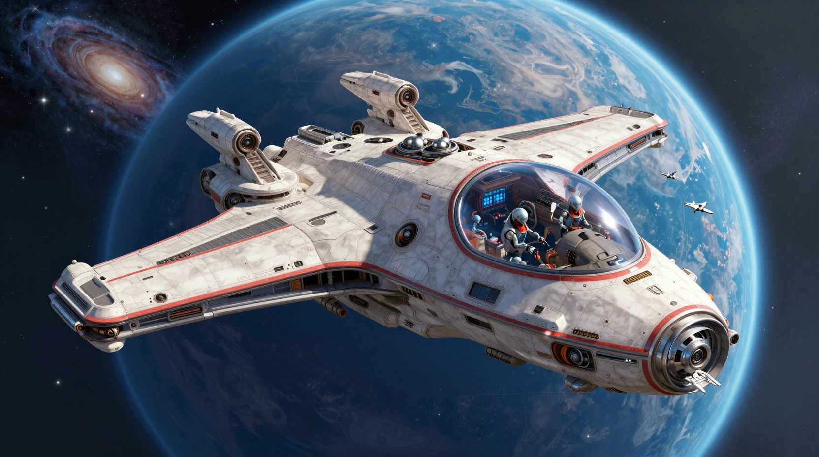 Alien warship slipping past a vast blue planet