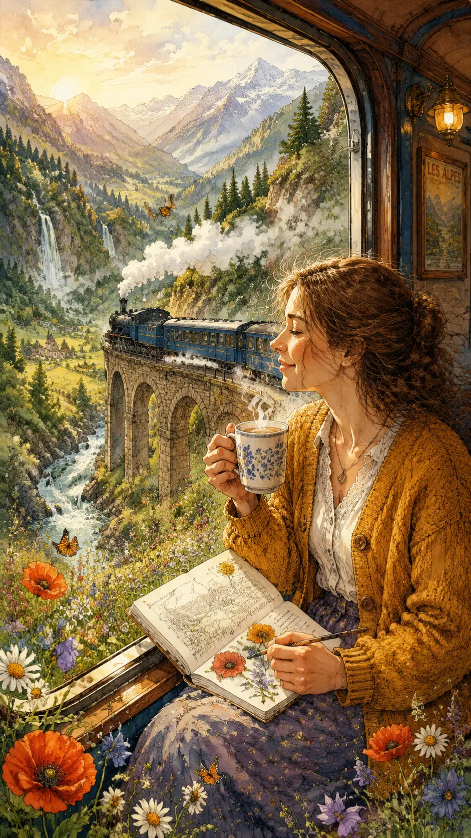 Chica en acuarela en tren dibujando en un valle montañoso bañado por el sol