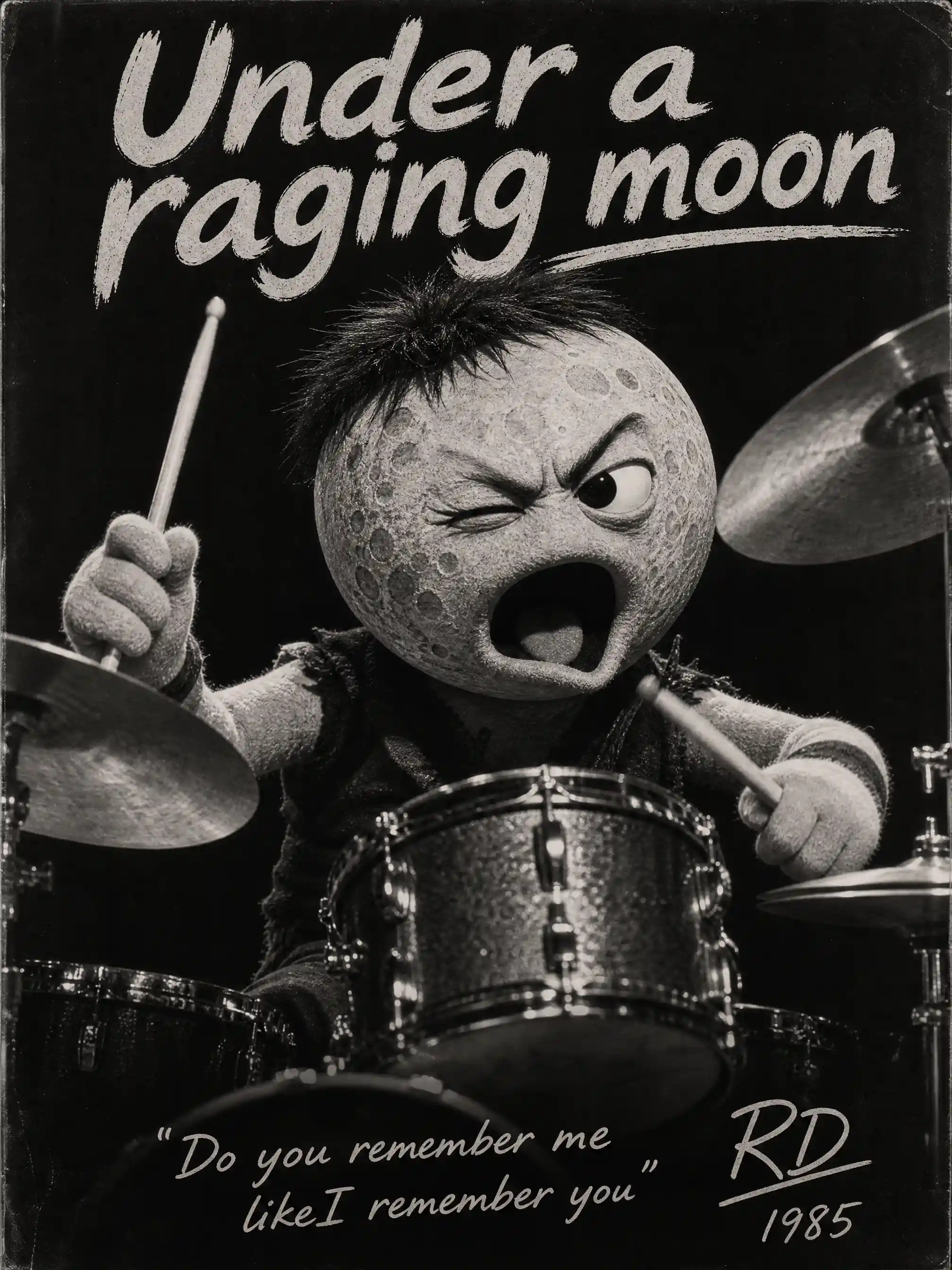 Batteur marionnette à tête de lune en noir et blanc dramatique