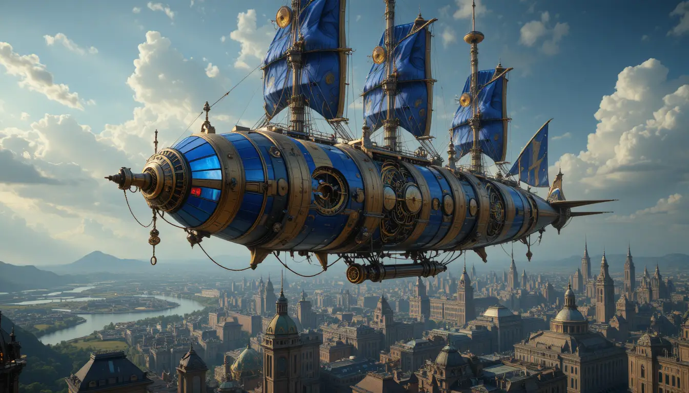 Dirigible futurista de engranajes sobrevolando una vasta ciudad de fantasía