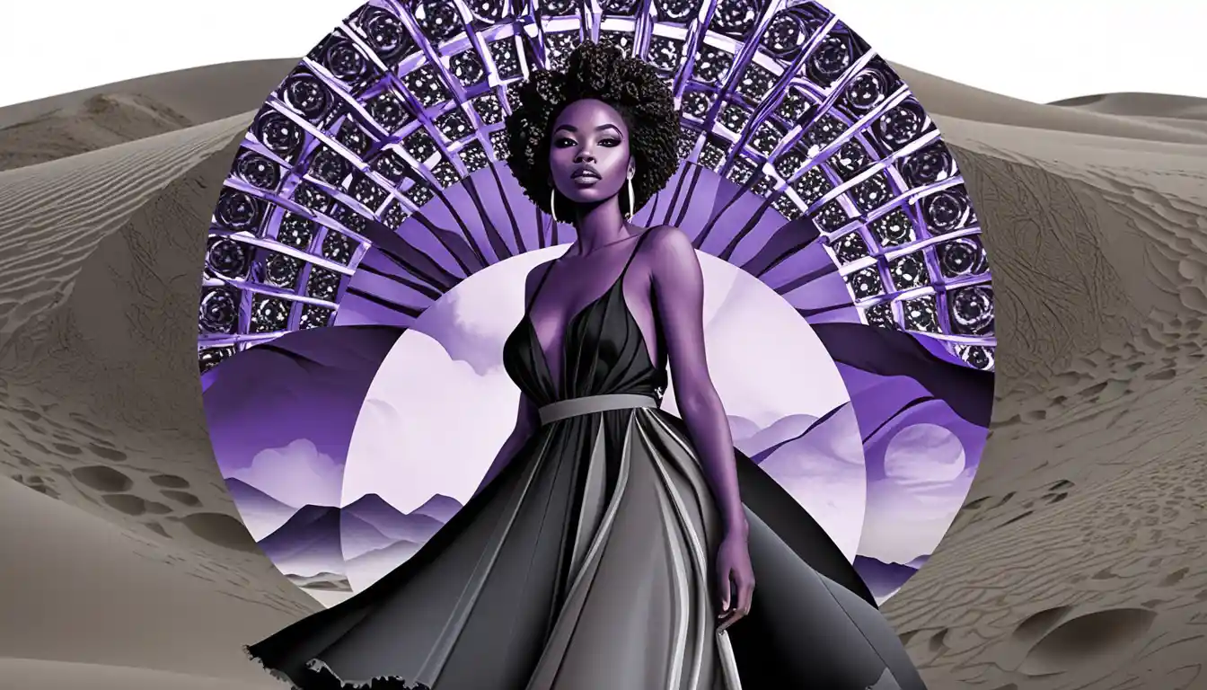 Mulher negra alegre no deserto em ilustração surreal