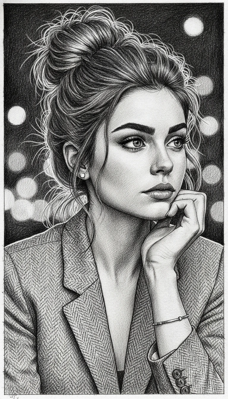 Retrato a tinta de una joven con moño despeinado y fondo bokeh