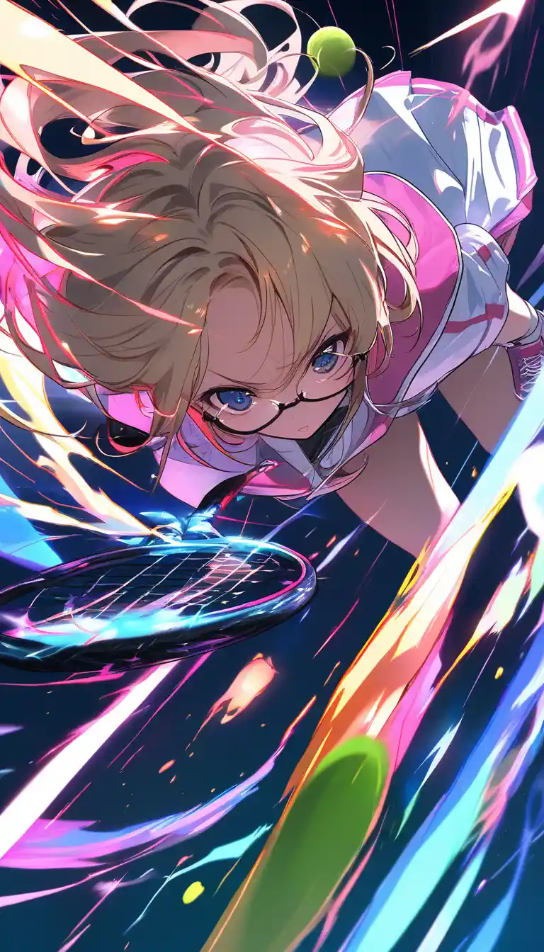 Chica tenista de anime golpeando la raqueta en acción dinámica desde un ángulo alto