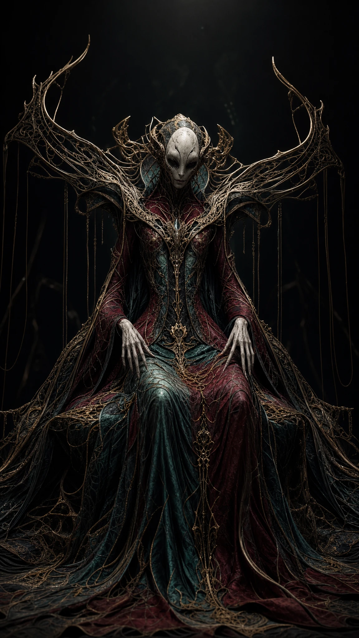 Surreal alien figure on a ceremonial throne in darkness