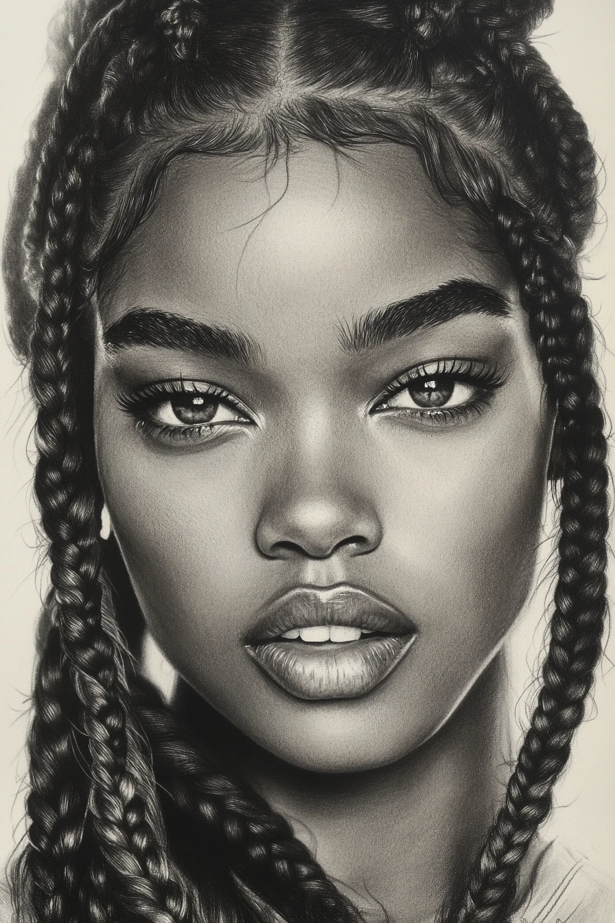 Close up graphite portrait of a young woman with braids