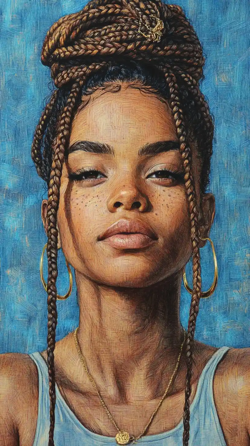 Colored pencil portrait of a young Black woman with braids