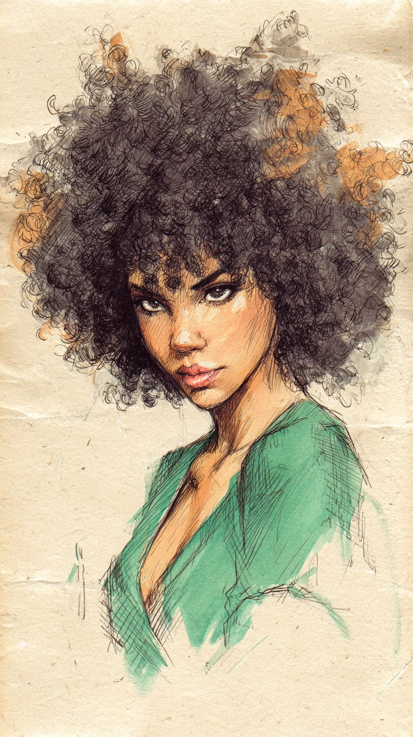 Serene close up portrait of a woman with afro hair