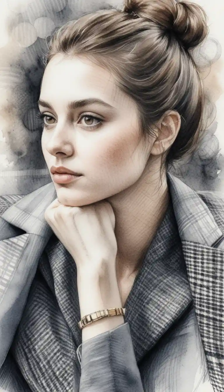 Thoughtful ink portrait of a young woman in blazer