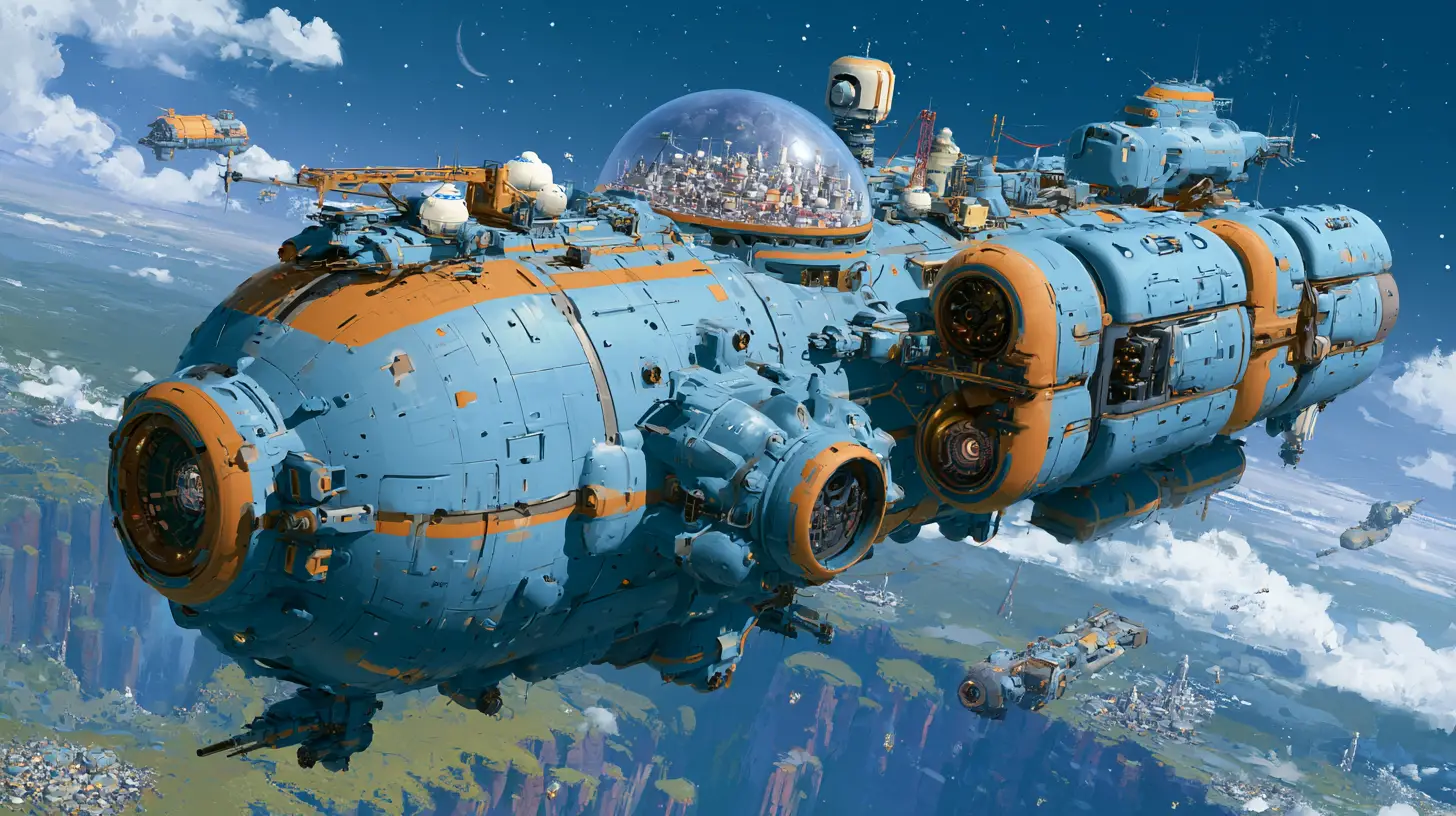Gigantic cargo spaceship city approaching a verdant planet