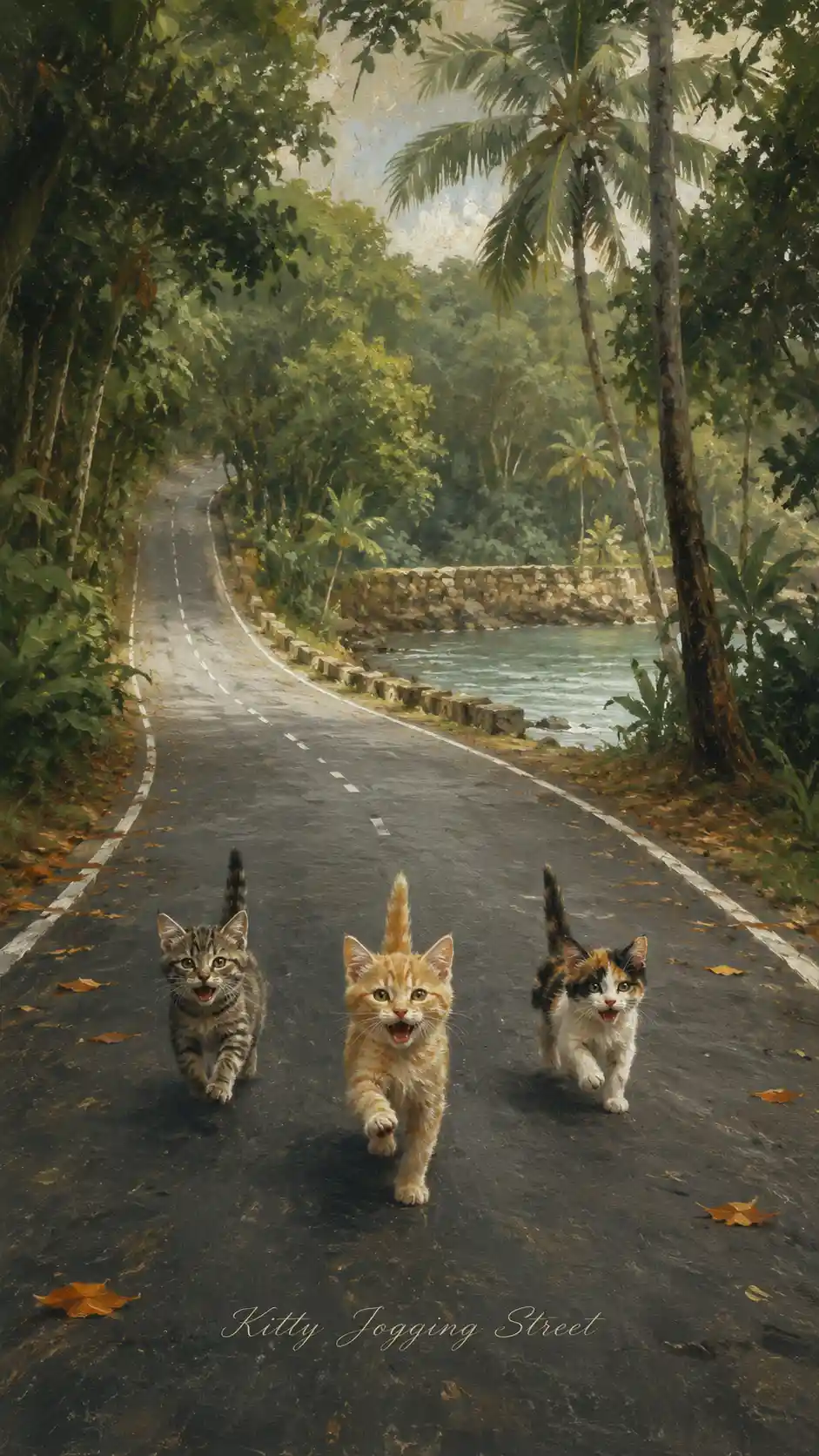 Gatos trotando por una carretera sinuosa en un bosque tropical