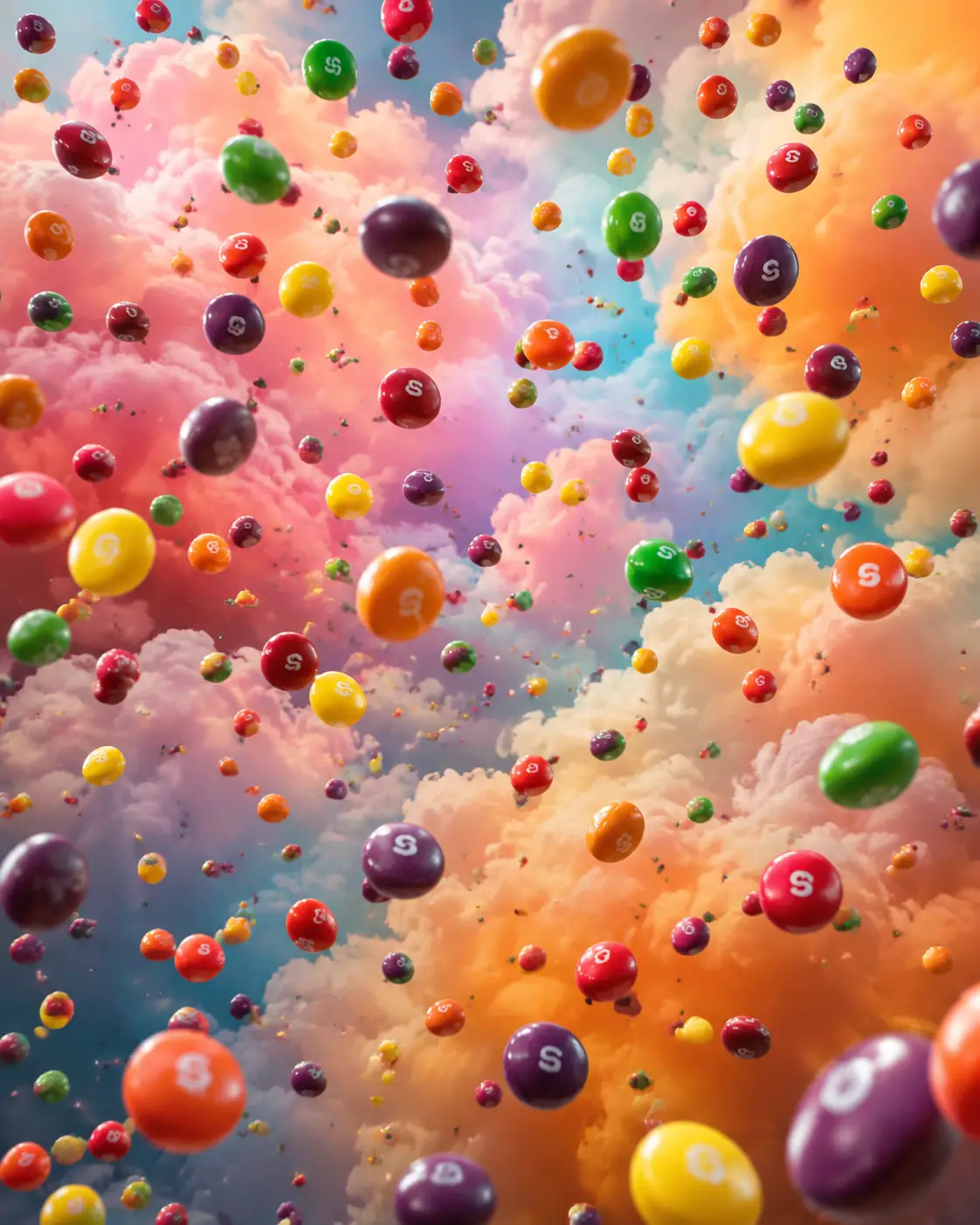 Skittles de colores lloviendo sobre un suave fondo de nubes en tonos pastel