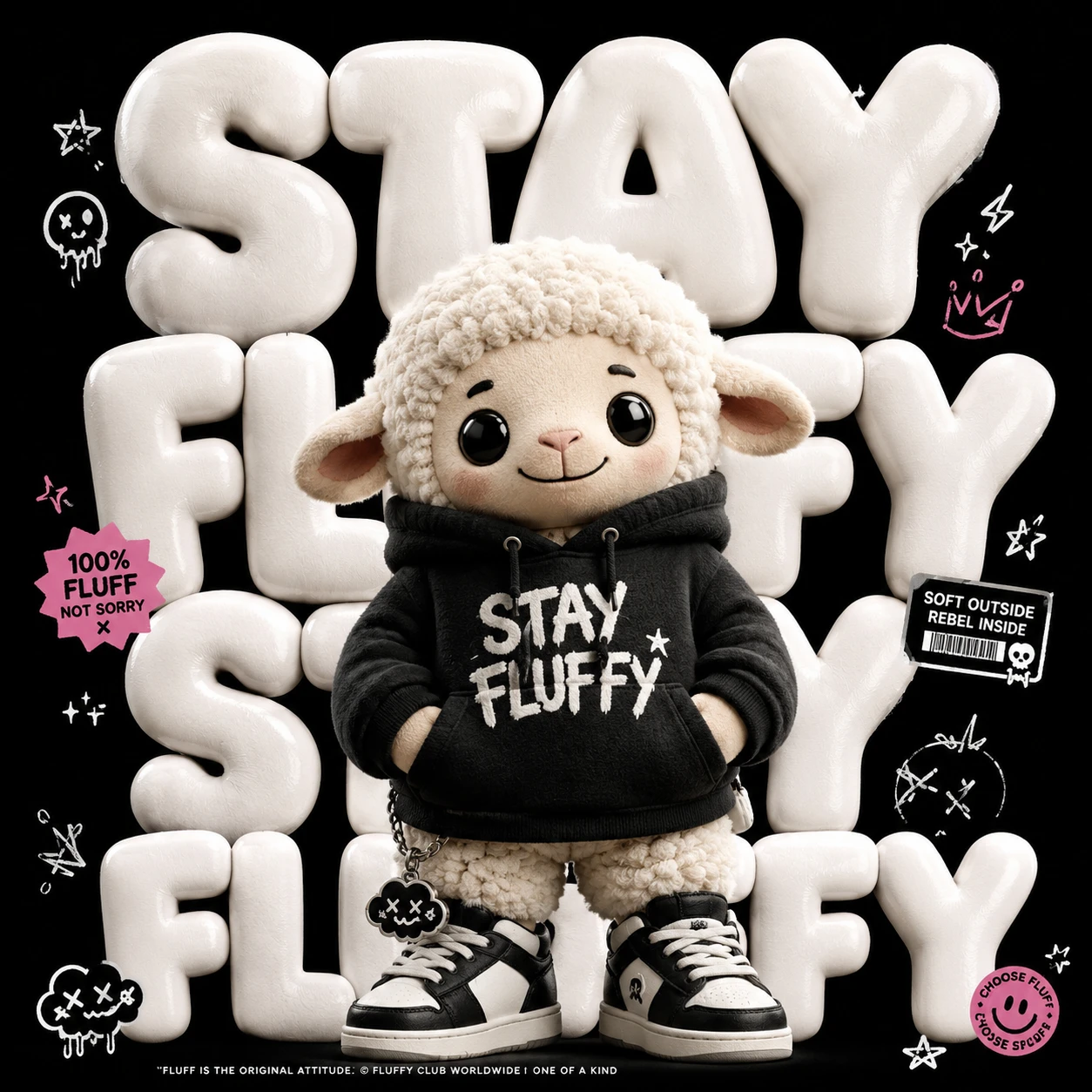 Oveja de peluche adorable con suéter negro y texto 3D en negrita