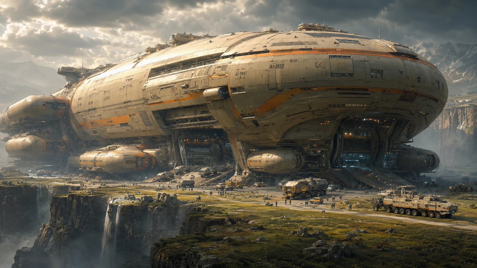 Massive sci fi cargo starship landed on lush alien world